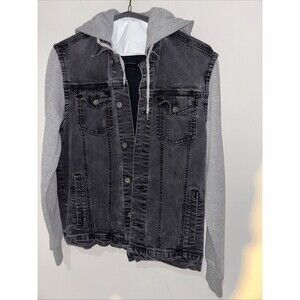 Empyre Unisex Hoodie Denim Jacket Black Fade/Gray Sleeved Button Front Sm